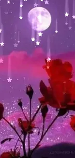 Purple sky with moon and red roses.