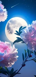 Moonlit night with glowing flowers under stars.