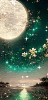 Magical moonlit scene with vibrant flowers and starry sky, perfect for phone wallpaper.