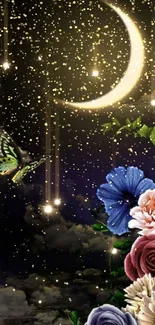 Crescent moon and floral night sky wallpaper.