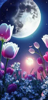 Moonlit floral landscape with vibrant flowers and celestial night sky.