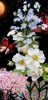 Mobile wallpaper with moonlit flowers and butterfly