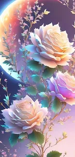 Moonlit roses with night sky on mobile wallpaper.