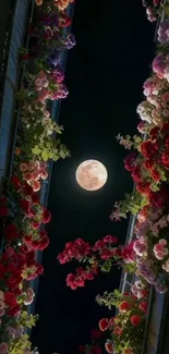 Moonlit view through colorful flowers at night.