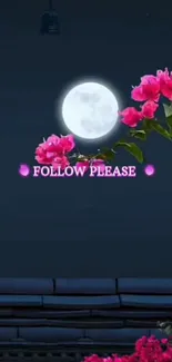 Moonlit night mobile wallpaper with pink flowers.