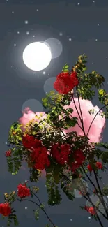 Moonlit night with red flowers blooming against a dark sky.