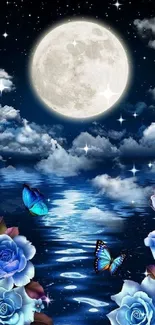 Moonlit night with roses and butterflies reflecting on water.