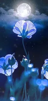 Moonlit blue flowers against a starry sky at night.