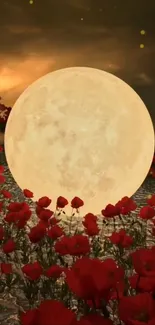 Full moon and red flowers in night scene