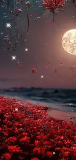 Moonlit landscape with red flowers and starry sky.