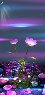 Moonlit glowing flowers and pebbles under starlit sky mobile wallpaper.