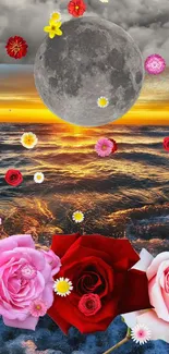 Moonlit ocean with vibrant flowers under a dramatic celestial sky.