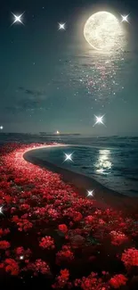 Moonlit path with red flowers under a starry sky by the ocean.