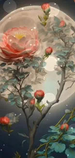 Moonlit roses with glowing moon in elegant floral wallpaper.