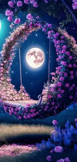 Moonlit swing adorned with flowers against a starry night sky backdrop.