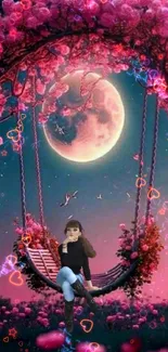 Moonlit night with pink floral swing, full moon shining.