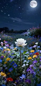 Moonlit flower field with vibrant colors and a starlit sky.