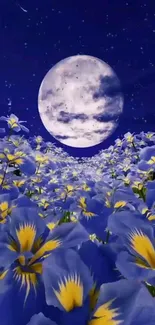 Moonlit field of blue and yellow flowers under a starry sky.