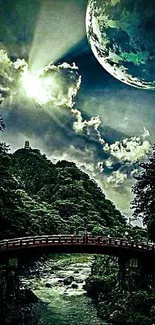 A mystical forest bridge under a luminous night sky with a full moon.