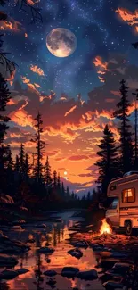 Moonlit forest scene with camper and fire.