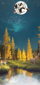 Moonlit forest with deer by the lake and a starry sky.