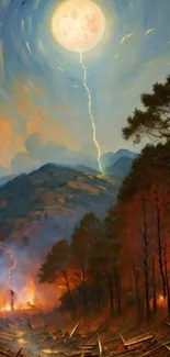 A dramatic painting of a forest fire under a bright moonlit sky.