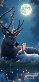 Deer and rabbit in a moonlit forest setting with magical ambiance.