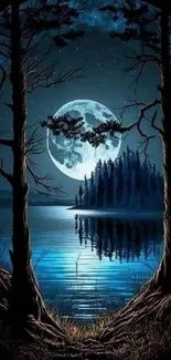 Moonlit forest reflecting on a serene lake at night.