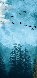 Moonlit forest scene with birds and a big blue moon.