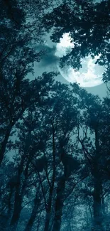 Moonlit forest scene with silhouetted trees and full moon in dark blue hues.