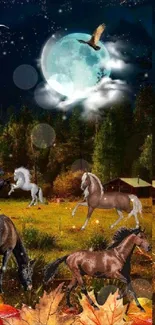 Horses roam in a moonlit forest with autumn leaves and a bright night sky.