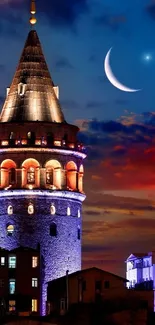 Moonlit Galata Tower against a vibrant night sky.