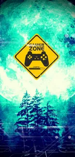 Vibrant blue moonlit forest with 'Gamer Zone' sign.