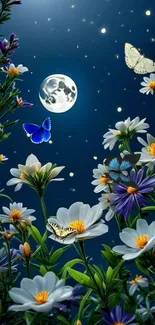 Butterflies dance over flowers beneath a moonlit sky.