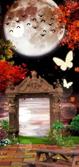 Moonlit garden with stone gateway and autumn leaves.