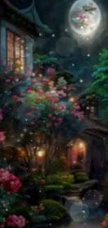 Enchanting moonlit garden with flowers and lanterns against a night sky.