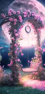 Fantasy garden swing under a full moon with blooming roses and starry sky.