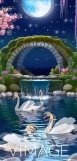 Moonlit garden with swans and waterfall at night.