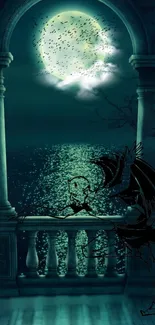 Gothic balcony under moonlight with fantasy elements.