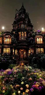 Gothic mansion at night with full moon and garden.