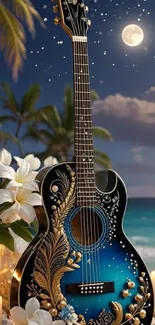Elegant guitar by the beach with candles under moonlight.