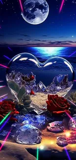 Moonlit beach with heart crystal and red roses under a starry sky.