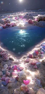 Heart-shaped pool on a moonlit beach with sparkling water and decorated with flowers.