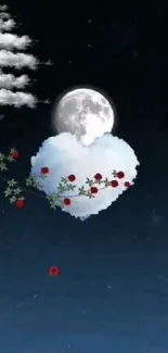 Heart-shaped cloud of roses with moon in a starry night.