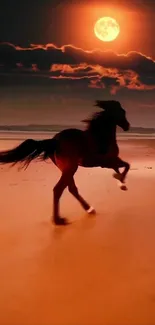 Horse galloping on a moonlit beach under a dark orange sky.