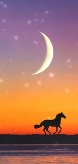 Silhouette of a horse beneath a crescent moon during a vibrant sunset.