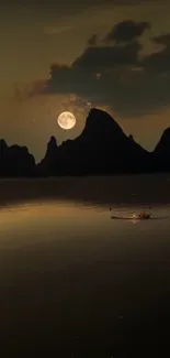 Kayaker under moonlit night with mountains and reflections.