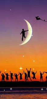 Silhouetted figures with a kite under a crescent moon at sunset.