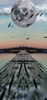 Moonlit lake with wooden pier and birds flying in the twilight sky.