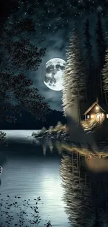 Moonlit cabin on a serene lake with a starry sky reflection.